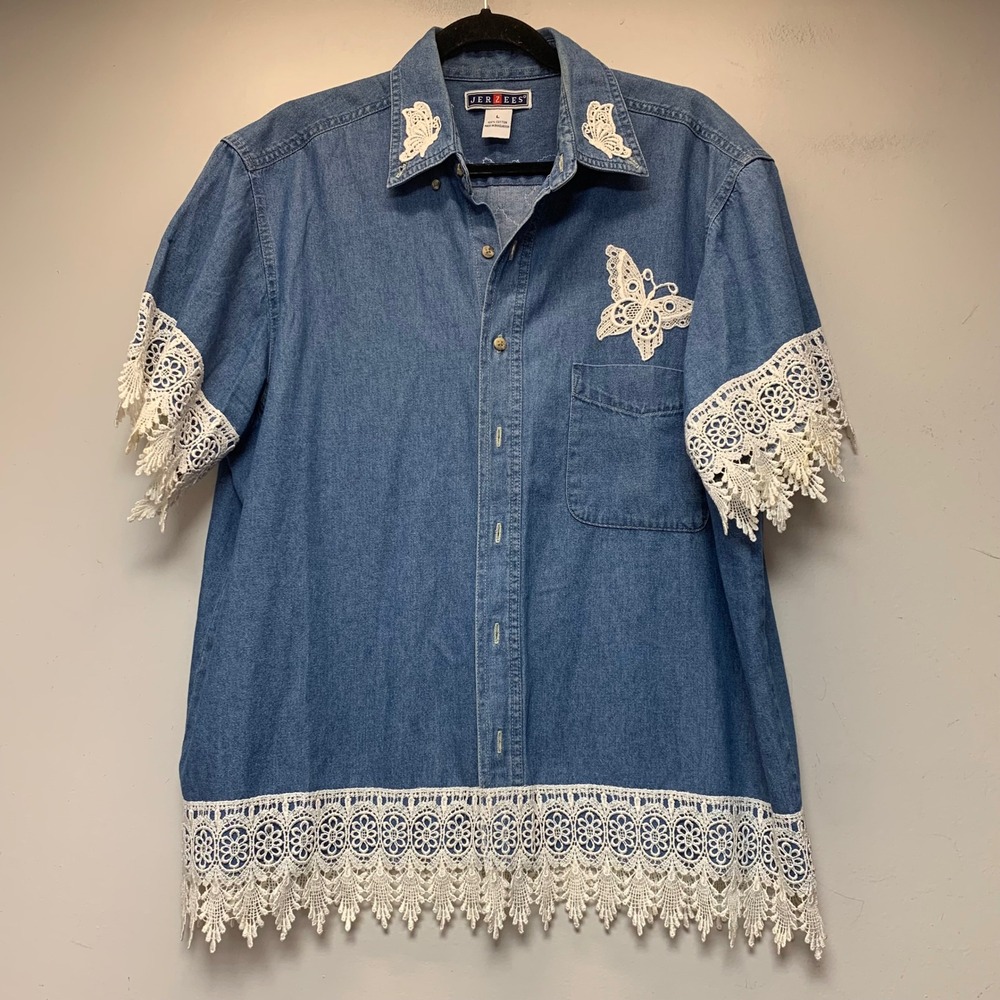 Jerzees Denim‎ Shirt Women Large Blue Excellent Butterfly Crochet Lace Trim Boho